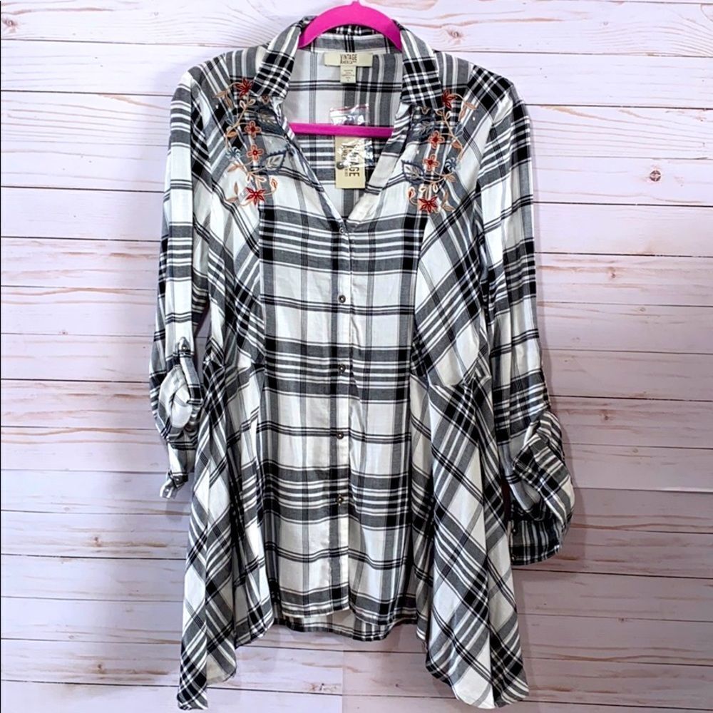 Vintage America Blues Embroidered Plaid Button Down Shirt